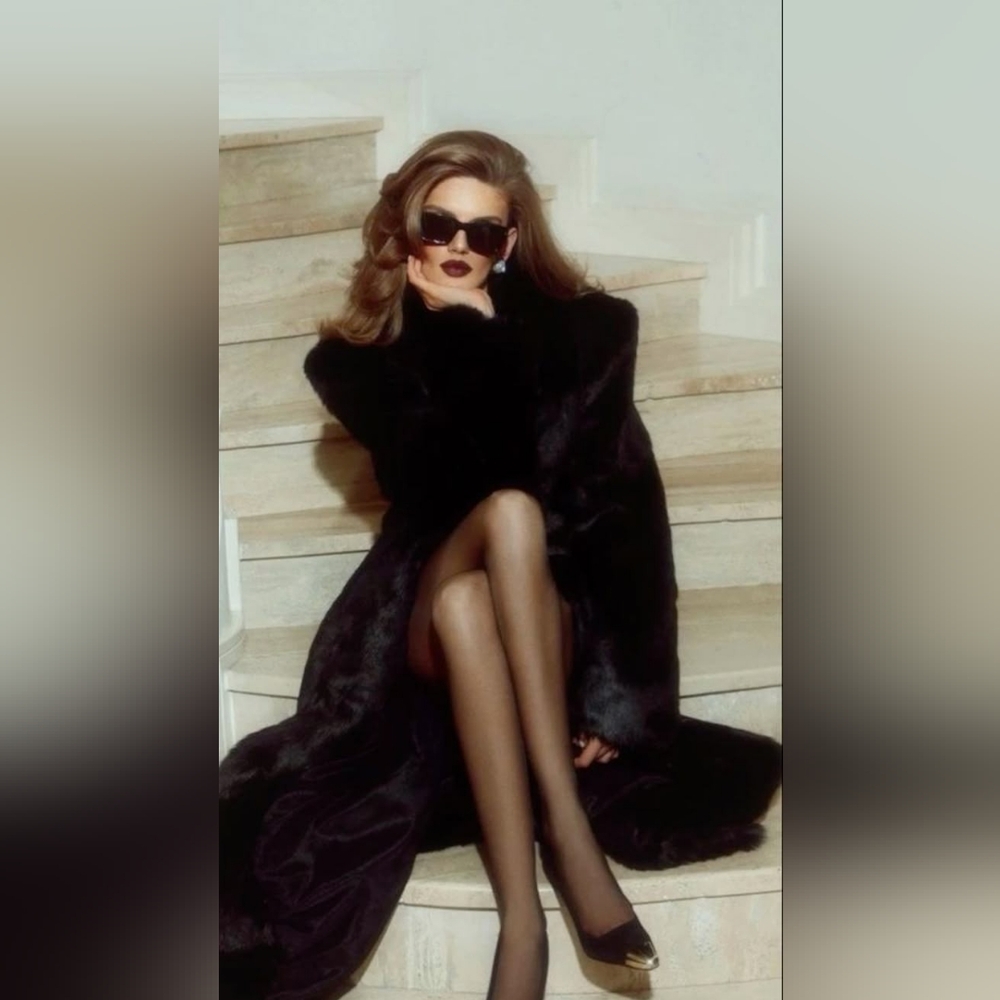 Black Extra LONG faux Fur Coat - Picture 2 of 2